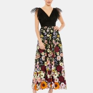 Embroidered Ruched Flutter Sleeve A Line Dress